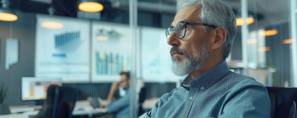 Greyhaired tech visionary in an intense brainstorming session, advanced office, innovationdriven environment, copy space for text