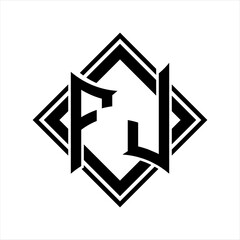 FJ Letter logo with abstract shield shape with square black outline on white background design