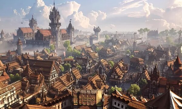 Medieval Fantasy Cityscape with Castle Towers with Ai generated.
