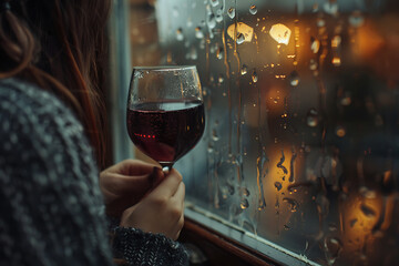 a glass of red wine in the hands of a woman against the background of a rainy window drops
