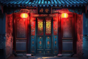 Traditional chinese house entrance is illuminated by red paper lanterns at night