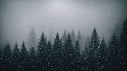 Silent snowflakes fall upon a dimly shining misty conifer forest 