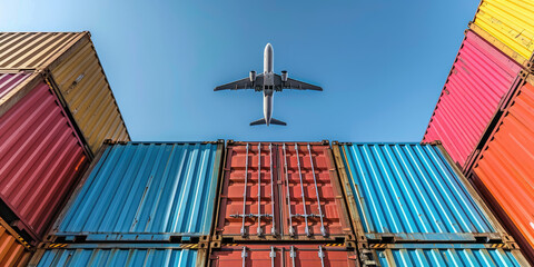 Fototapeta premium Airplane flies above the colorful containers for sea transportation. Freight or cargo industry goods transportation worldwide.