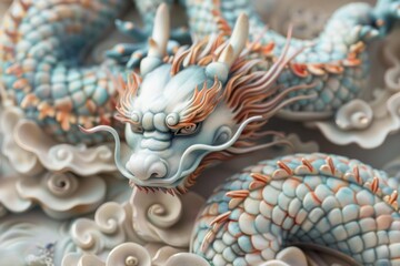 Fototapeta premium Mythical creature sculpture with blue scales and orange horns emerging from white clouds