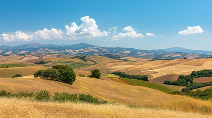 Fototapeta premium Picturesque Countryside with Blue Skies and Sunlit Hills in Summer