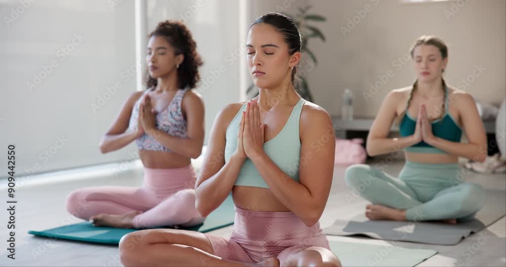 Canvas Prints Yoga, group namaste and meditation for peace with mindfulness, chakra balance and breathing on studio. People, women and prayer hands on floor for faith, calm mental health and spiritual exercise