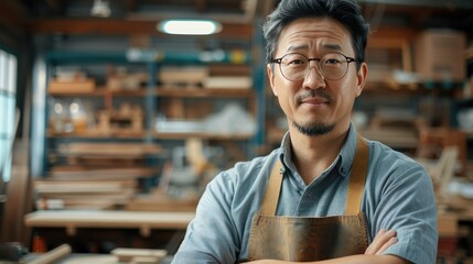 Obraz premium Experienced craftsman in a wood workshop, standing confidently with crossed arms, wearing glasses and an apron
