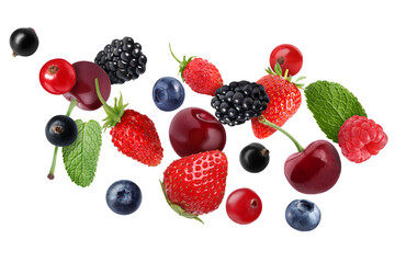 Different fresh berries in air on white background