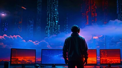 Silhouetted gamer in front of glowing computer screens with neon cityscapes.