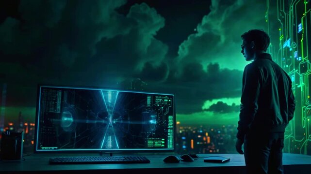 A person stands in a futuristic room, looking out at a neon city with a computer screen showing a circuit board.