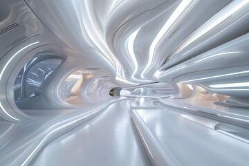 Futuristic spaceship interior with sleek curves, metallic surfaces, and advanced technology
