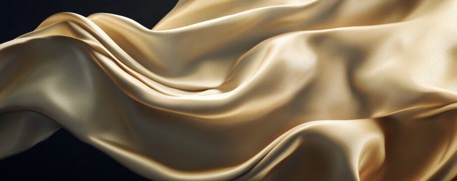 Luxurious golden silk fabric flowing, close-up. Elegance and sophistication concept