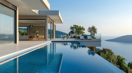 A modern villa with an infinity pool overlooking the sea. The pool is sparkling blue and the view is breathtaking. Hotels to stay