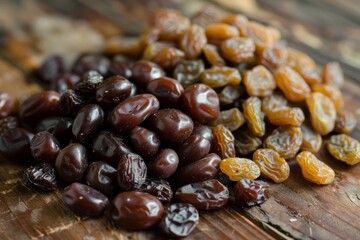 Fototapeta premium Dried grapes, jumbo raisins and black jumbo raisins forming a pile on a wooden table for a healthy snack