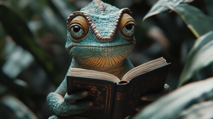 A chameleon, accessorized with luxury items, intently reading a book amidst the forest.
