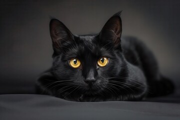 majestic black bombay cat with sleek fur and piercing golden eyes regal pose against dark background highlights feline elegance and mysterious allure