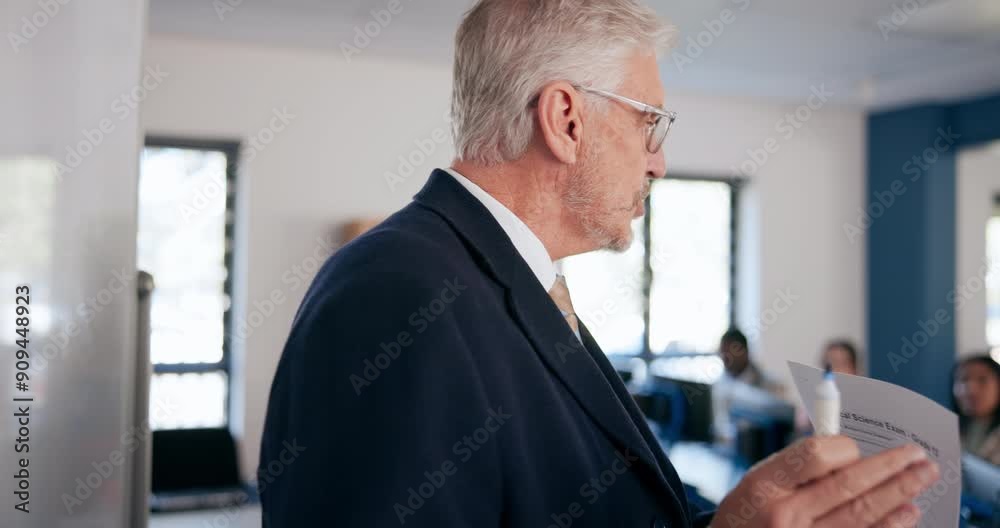 Fototapete Education, college professor and students in classroom for lecture and learning in science, physics or math. Whiteboard, mature man and university teacher in presentation with discussion or knowledge