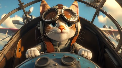 A cat pilot wearing goggles in a cockpit,  looking straight ahead.