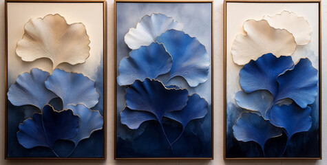 3 pieces of framed wall art with ginkgo leaves in light blue, cream and navy blue colors, in the style of a Chinese artist.