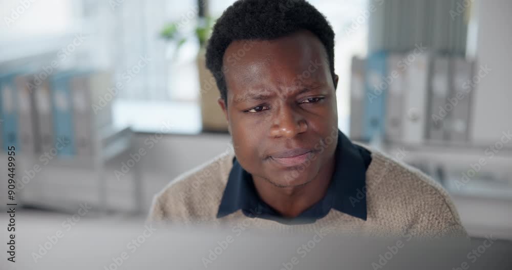 Poster black man, journalist and doubt with computer at work in thinking for deadline, office and company a