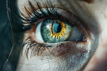 mesmerizing closeup of a womans eye iridescent iris with intricate patterns soft natural makeup enhancing lashes and brows intimate portrait capturing vulnerability and strength