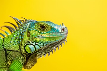 Fototapeta premium Green iguana against a bright yellow background.