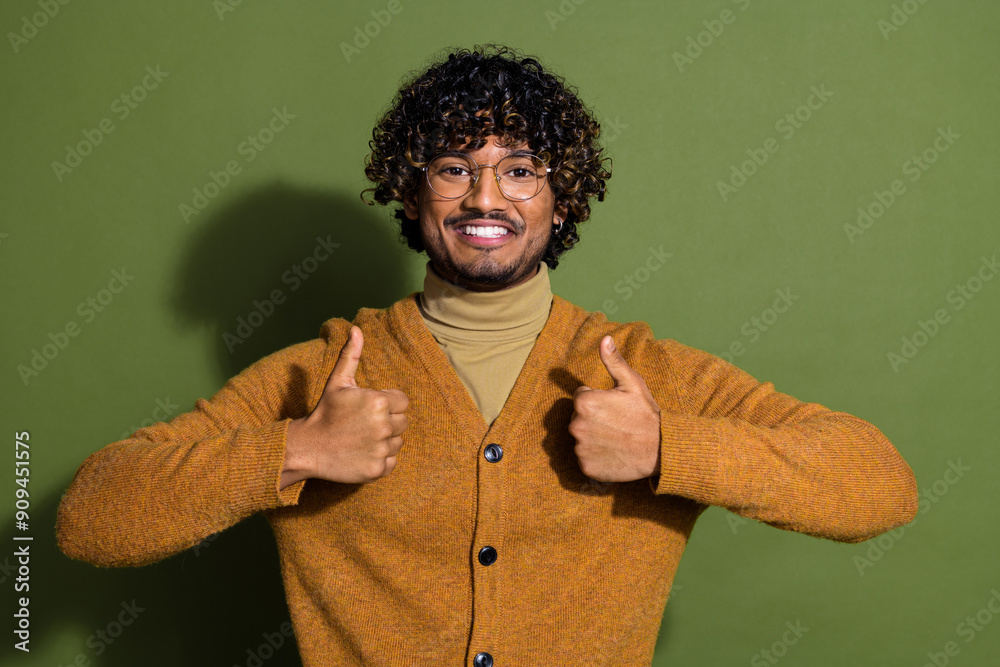 Sticker photo portrait of attractive young man thumb up approve dressed stylish brown clothes isolated on kh