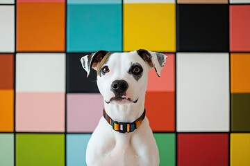 A stylish dog poses in front of a vibrant, colorful wall, showcasing its charm and personality in a playful atmosphere.