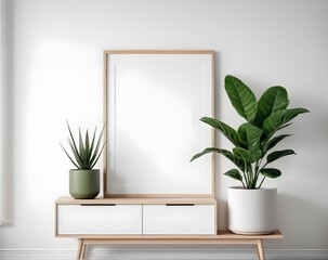 A 3D rendering of a white room with a blank frame mockup and a plant
