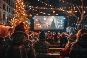 People enjoying a christmas movie projected on a big screen in a night market during winter holidays