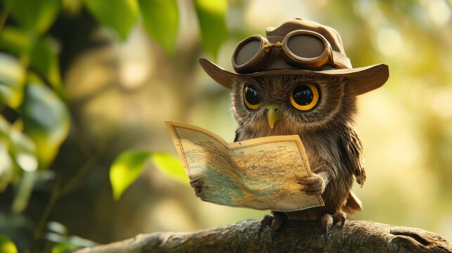 An owl wearing a tiny explorer hat, holding a map