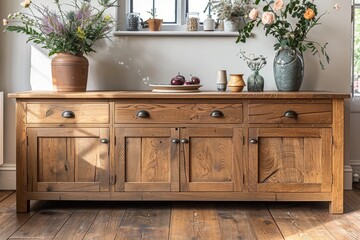 Oak sideboard with three doors and two drawers, large oak wooden furniture in living room