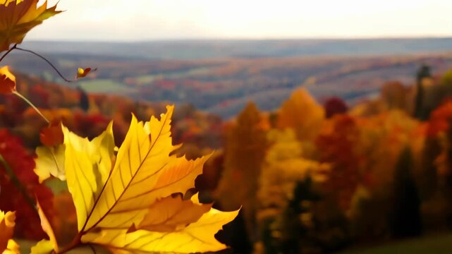 Golden maple leaves swirl in gentle breeze. Sunlit foliage frames panoramic view of vibrant autumn forest stretching to misty horizon. Warm hues paint serene mountain landscape.	