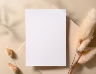 Clean White Paper Mockup With Decorative Plants And Beige Background