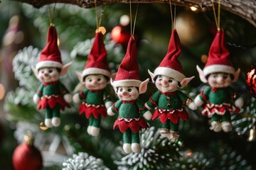 Five christmas elves hanging on a christmas tree with ornaments and lights