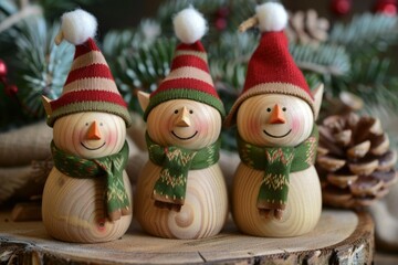Three wooden elf figurines wearing green scarves and red and white striped hats for christmas