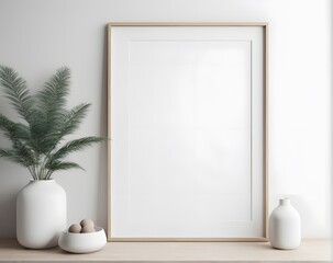 Modern decorative vase and wooden empty frame mockup on white wall