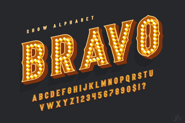 Retro circus alphabet design, cabaret, fairy LED lamps letters and numbers. © Aleksandr