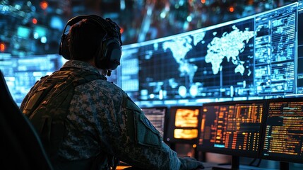 Obraz premium Modern Technology Concept : Specialized Military Unit Cyber ​​Warfare for National Security.