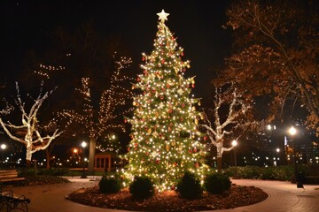 Fototapeta premium Large decorated christmas tree standing in a city park at night, illuminating the brick paved walking path and surrounding trees