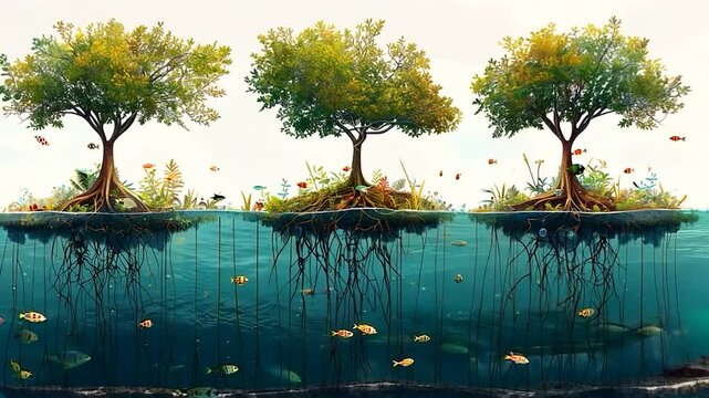Underthree trees, fish swim around intricate roots in a tranquil underwater ecosystem showcasing vibrant plant life