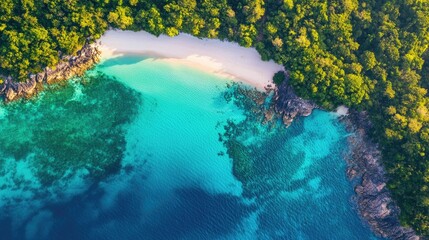 Obraz premium Top-down drone shot of Koh Rong Sanloem Island, showcasing the s serene beaches and vibrant blue waters in Sihanoukville