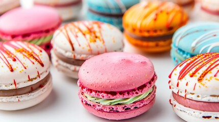 Fototapeta premium Macarons with a bright, multicolored pattern, isolated on white, visually striking and delicious