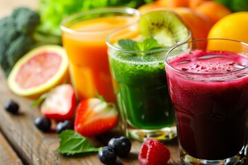 Healthy smoothie in glasses with fruits and vegetable on wooden background