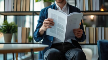 Employee reading through a company handbook or policy document.