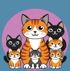 Tabby cat with 6 kittens high resolution printable vector illustration can be use social post, t-shirt , card, sticker,graphic elements, apparels and more
