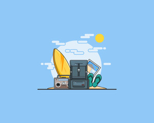 summer illustration with backpack, sandals, radio and surfboard vector design