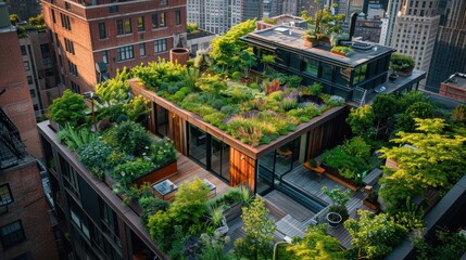 Urban Rooftop Garden Oasis in the Heart of the City with Lush Greenery and Modern Architecture