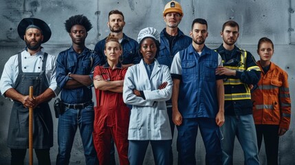 professional group portrait for Labor Day, where each person is dressed in the uniform of their trade.