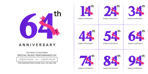 anniversary logotype set vector, purple color and pink ribbon for special day celebration